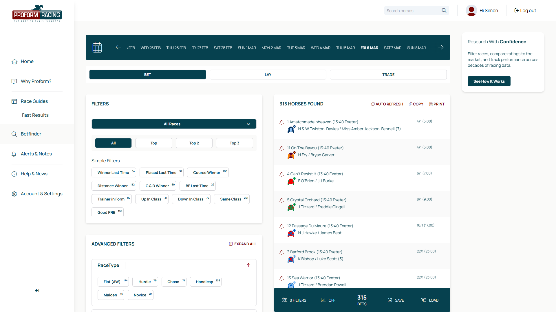 Bet Finder in Bet mode showing all qualifying horses