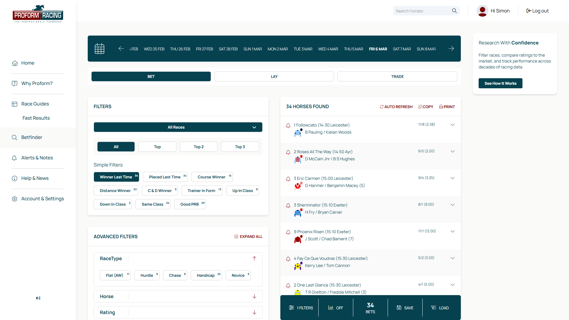 Bet Finder with one filter active