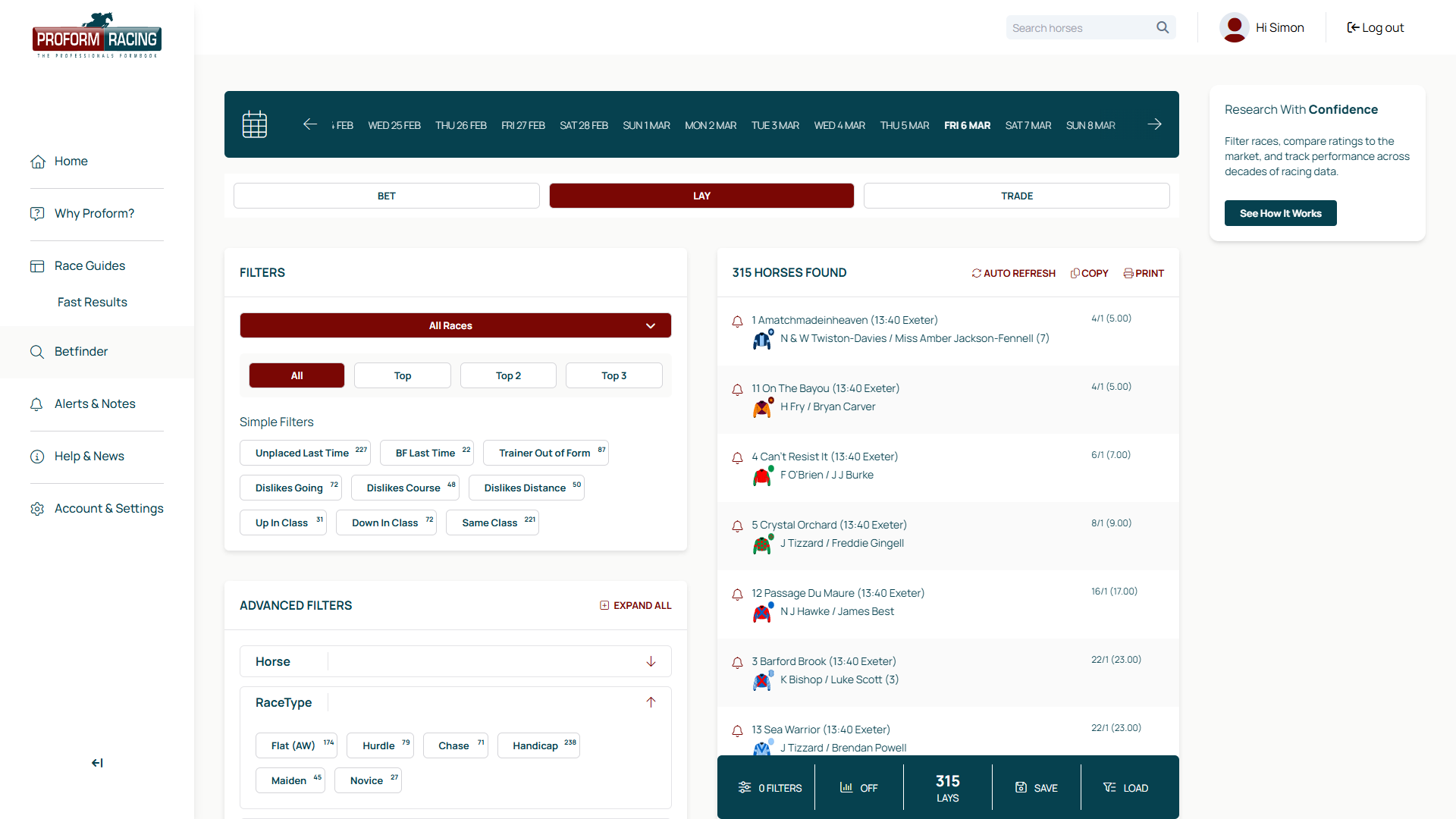 Bet Finder in Lay mode
