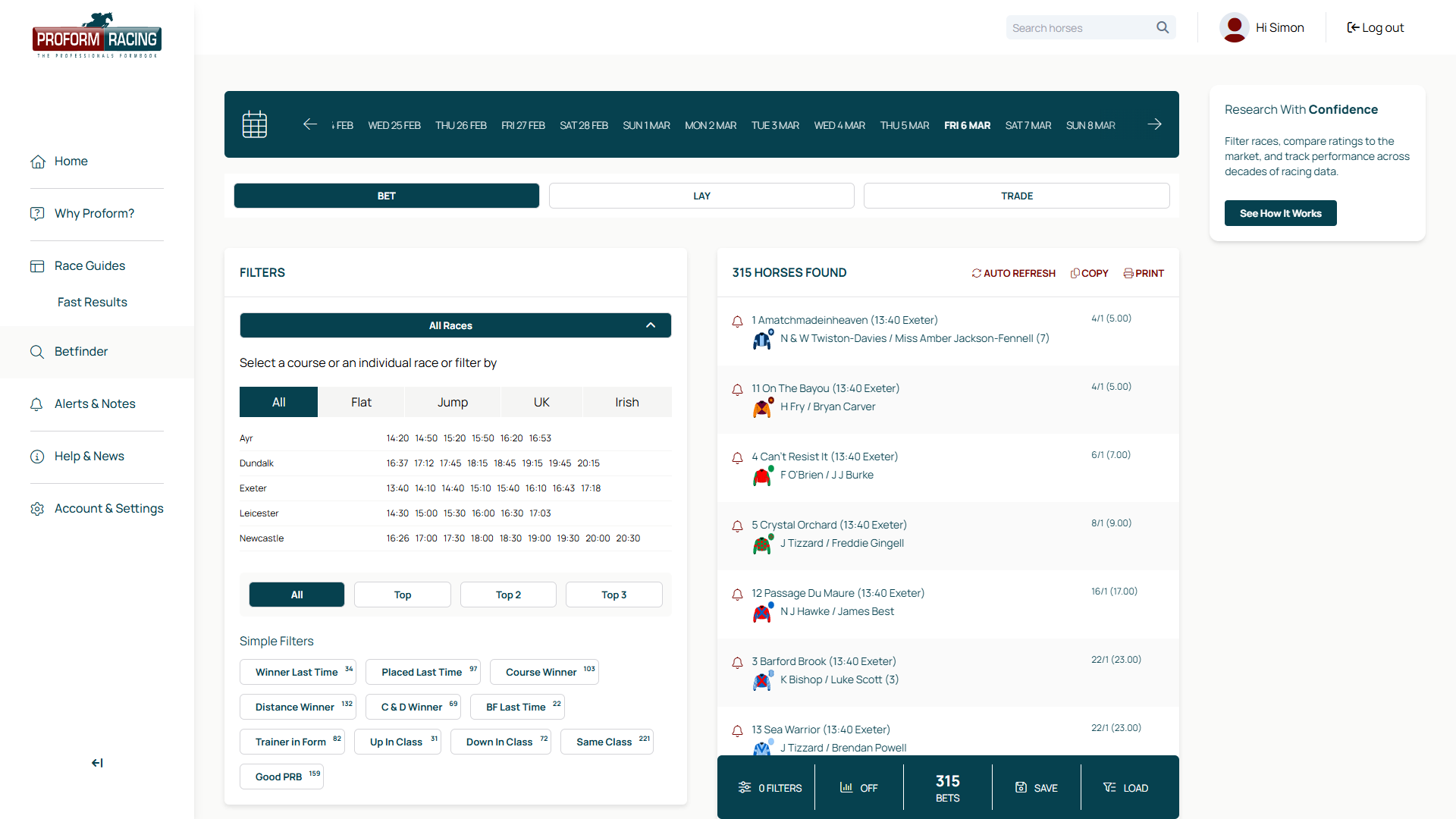 Race dropdown open showing available meetings