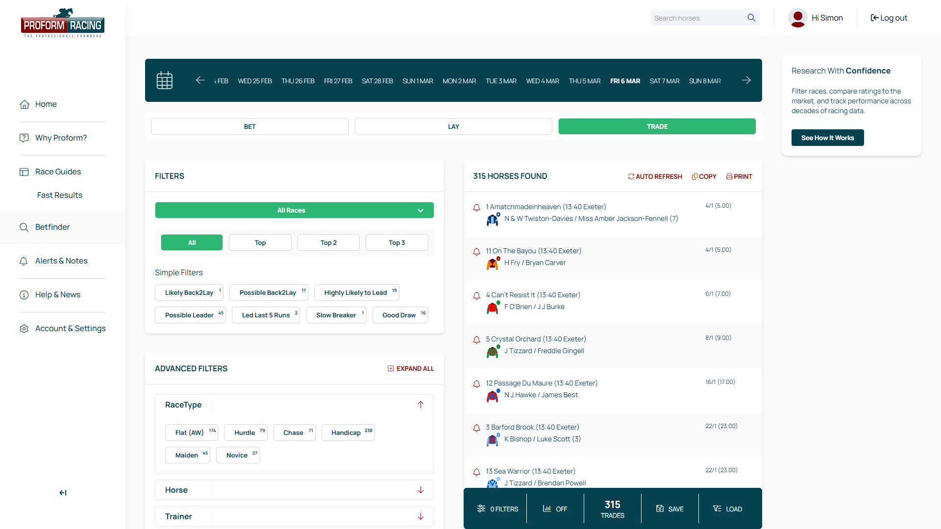 Bet Finder in Trade mode