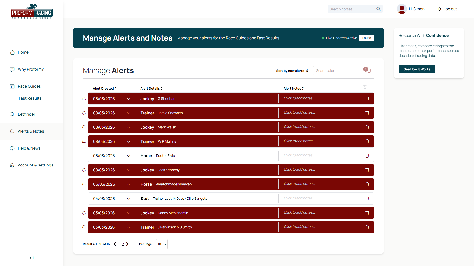 Alerts and Notes page showing saved stat alerts with triggered highlights