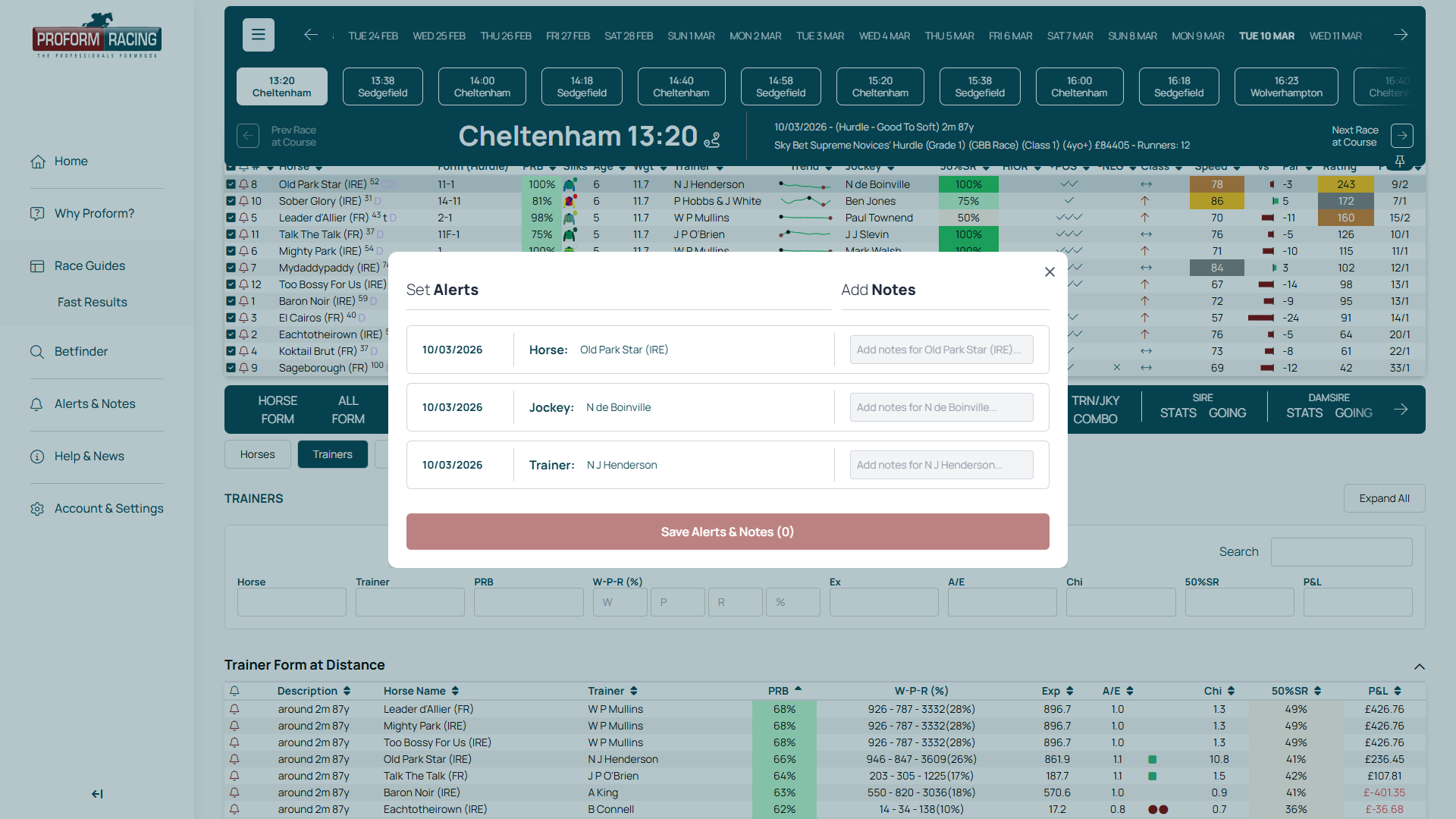 Alert dialog showing Horse, Trainer, and Stat fields with note inputs