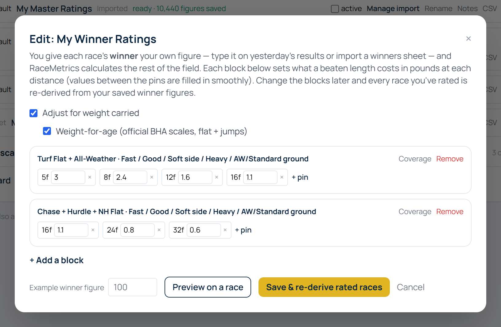 Rating set editor with the weight-carried option